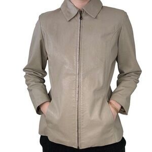 Vintage 1970s Womens Beige Tan 100% Leather Pointed Collar Retro Jacket Sz S